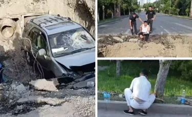 Доездился: в Таразе водитель нарушил ПДД и провалился в яму