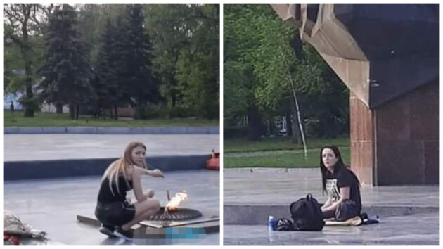 Две девушки пожарили сосиски на Вечном огне