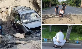 Доездился: в Таразе водитель нарушил ПДД и провалился в яму